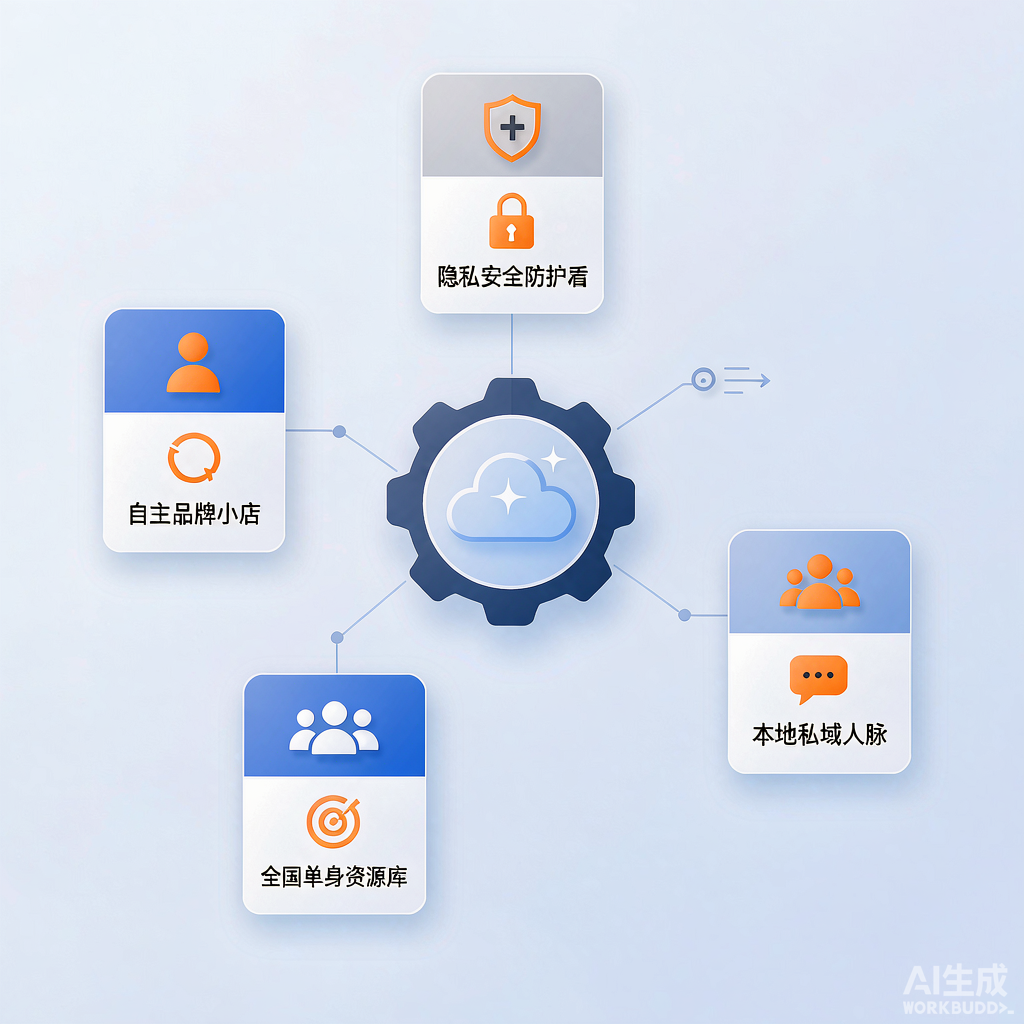 插图2:数字化加盟模式结构图——婚恋SaaS系统连接自主品牌小店、全国资源库、本地私域与隐私防护